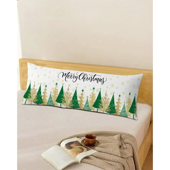 Merry Christmas Throw Pillow Cover,Gold Green Xmas Tree Winter Snowflake Rectangle Decorative Pillow Case Protector Soft Cushion Cover Lumbar Pillowcase for Couch Sofa Bedroom Car Decor 20x54 Inch