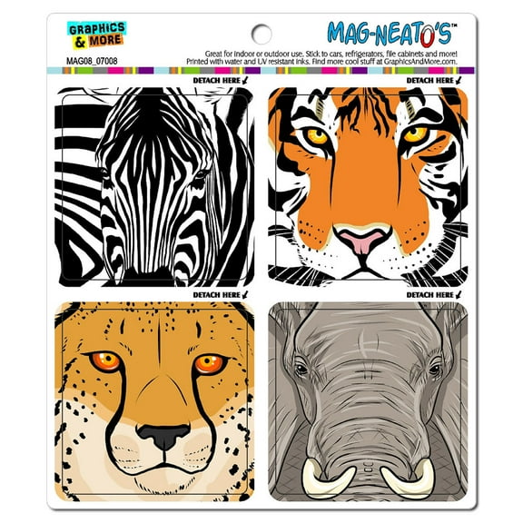 Safari African Animal Faces Close-up Zebra Elephant Tiger Cheetah MAG-NEATO'S(TM) Car/Refrigerator Magnet Set