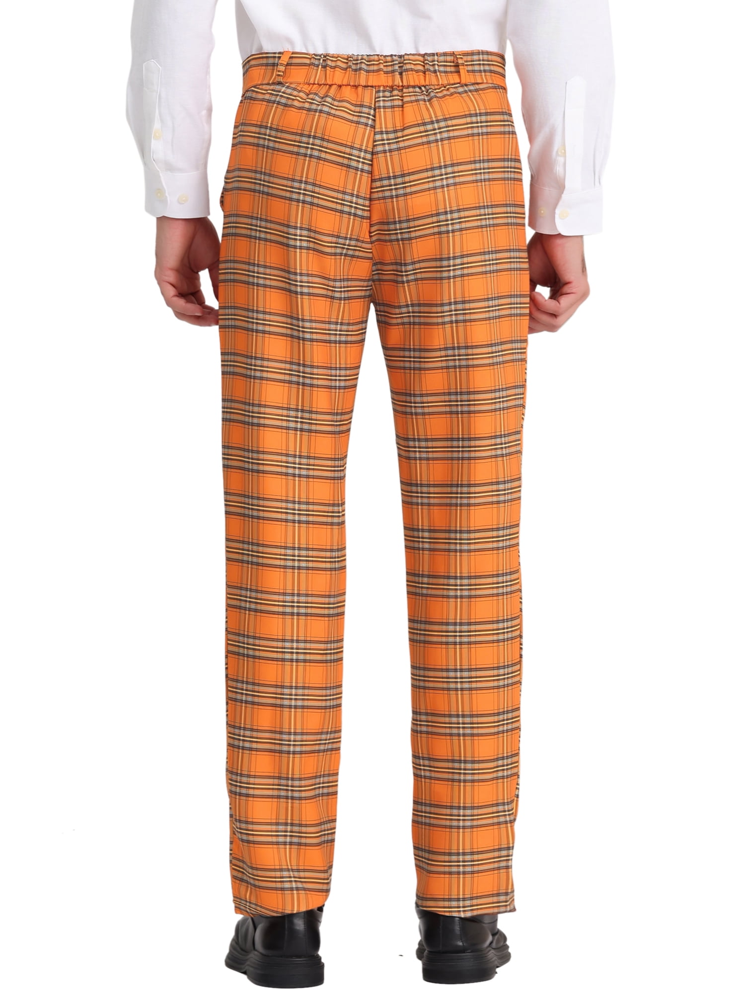 Unique Bargains Men's Flat Front Plaid Pants Formal Business Checked Trousers 30 Orange White