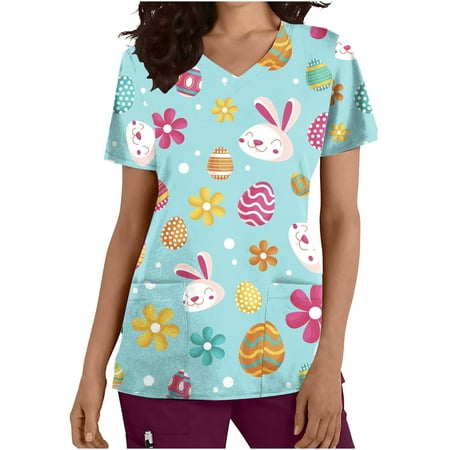 

Easter Scrubs Tops for Women Bad Bunny Easter Egg Print Short Sleeve Tshirt V Neck Funny Uniform Pockets Blouse for Gift