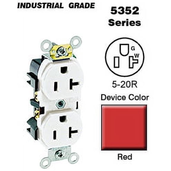 Leviton 5352-R Duplex Receptacle Industrial Grade 5-20R 20A 125V BandS 8 Hole Feed-Thru Wired - Red