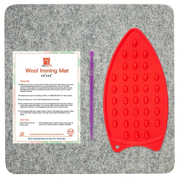 14" x 14" 100% Wool Pressing Mat Easy Press Great for Quilting, Ironing & Sewing. 1/2" Thick. with Silicone Iron Rest and purple thang