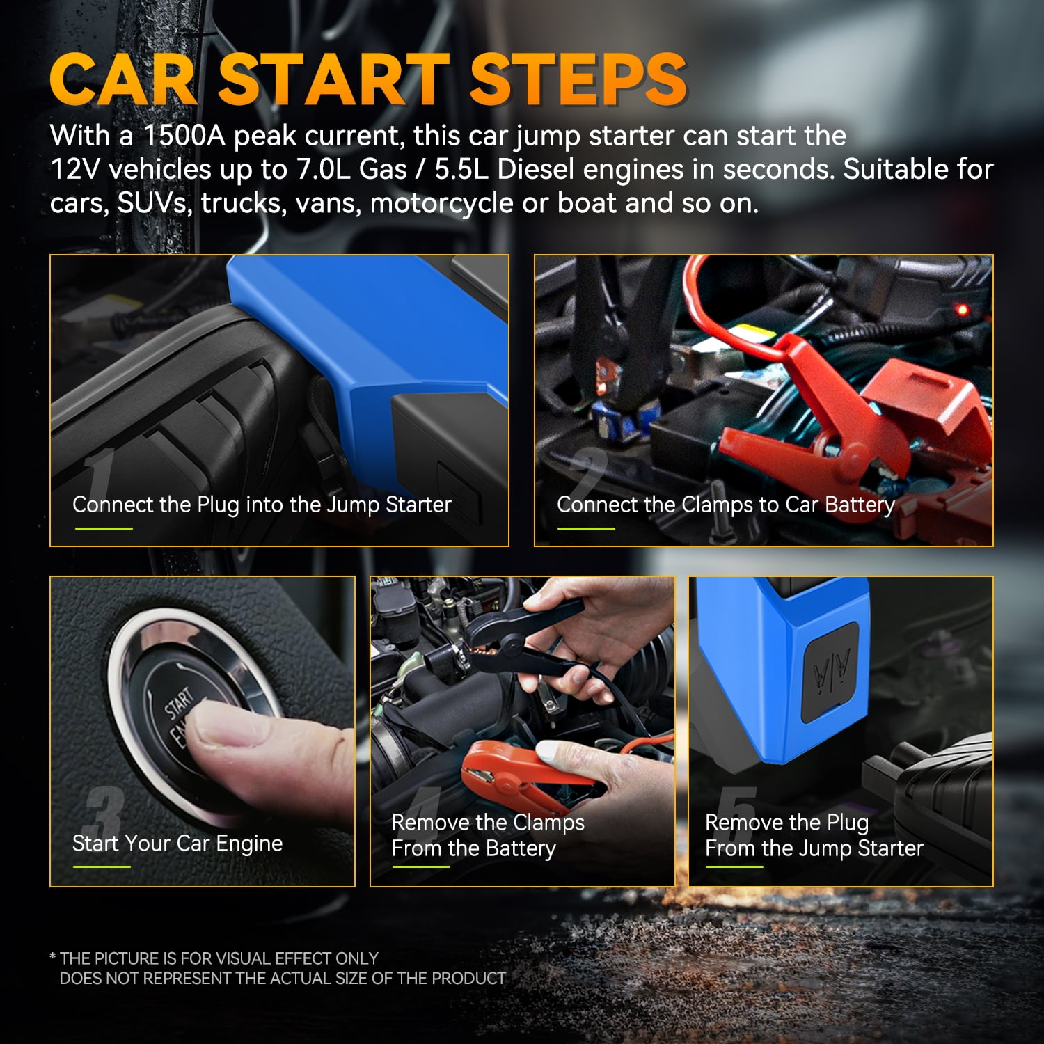 ‎12V 1500A 15000 mAh Multi-function Portable Car Battery Jump Starter for Up to 7.0L Gas & 5.5L Diesel Engine, With Carry Case Blue