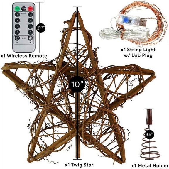 Christmas Tree Topper Star Lighted, Rattan Natural Star Tree Topper with Remote - Christmas Rustic LED Light Up Christmas Tree Topper Decoration