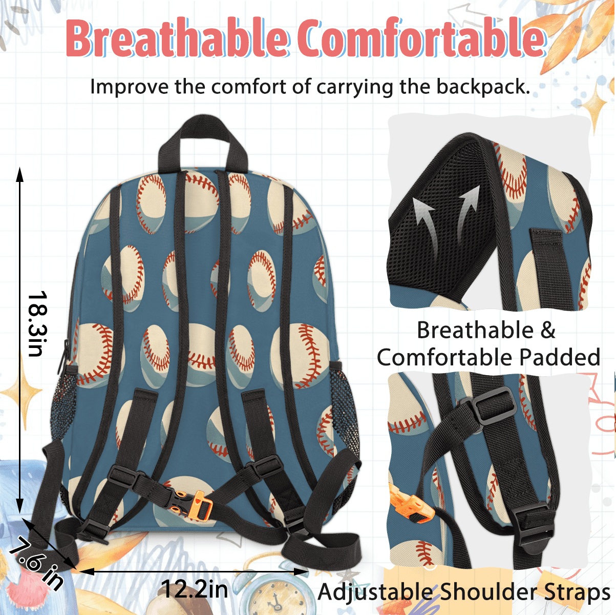 Herdesigns Baseball Large Backpack Set with Lunch Box Lightweight Water Resistant Travel Laptop Backpacks Casual Daypacks for Women Men