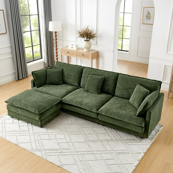 Modern Home Living Room L-Shaped Sectional Sofa Couches with Ottoman, Convertible Oversized 4 Seater Couch Towel Fabric (Green)