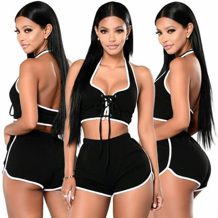 New Fashion Women;acute;s Skinny Sexy String Closure Halter Tops Sports Short Jumpsuit Two Piece Outfits
