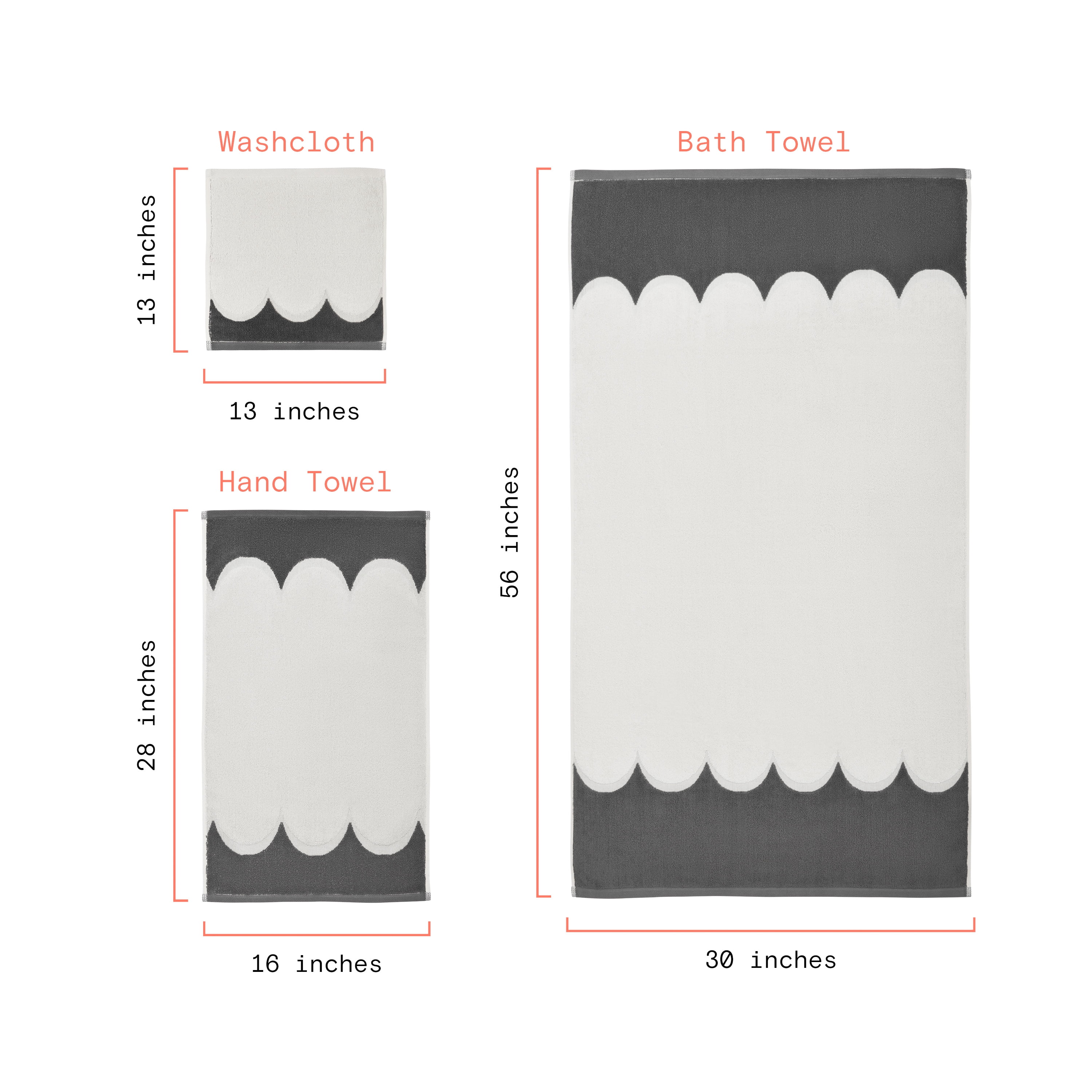 Beautiful by Drew Barrymore 6-Piece Scallop Bath Towel Set, Soft 100% Cotton, Charcoal