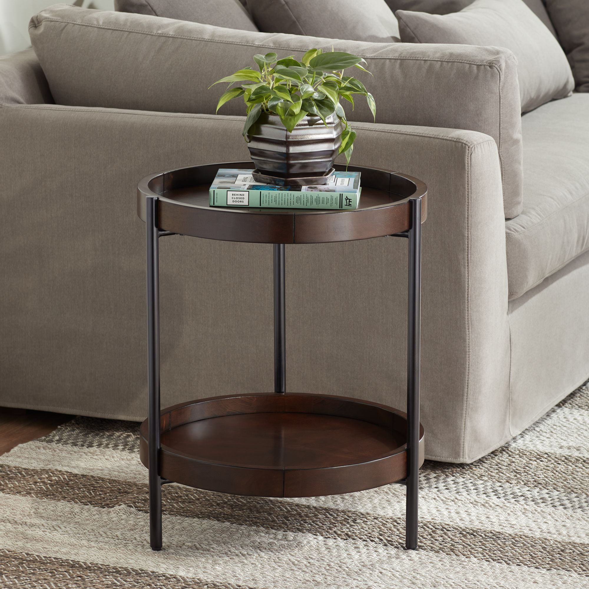 Wide Round Walnut Accent Table, 20 Round Decorative Table With Glass Top
