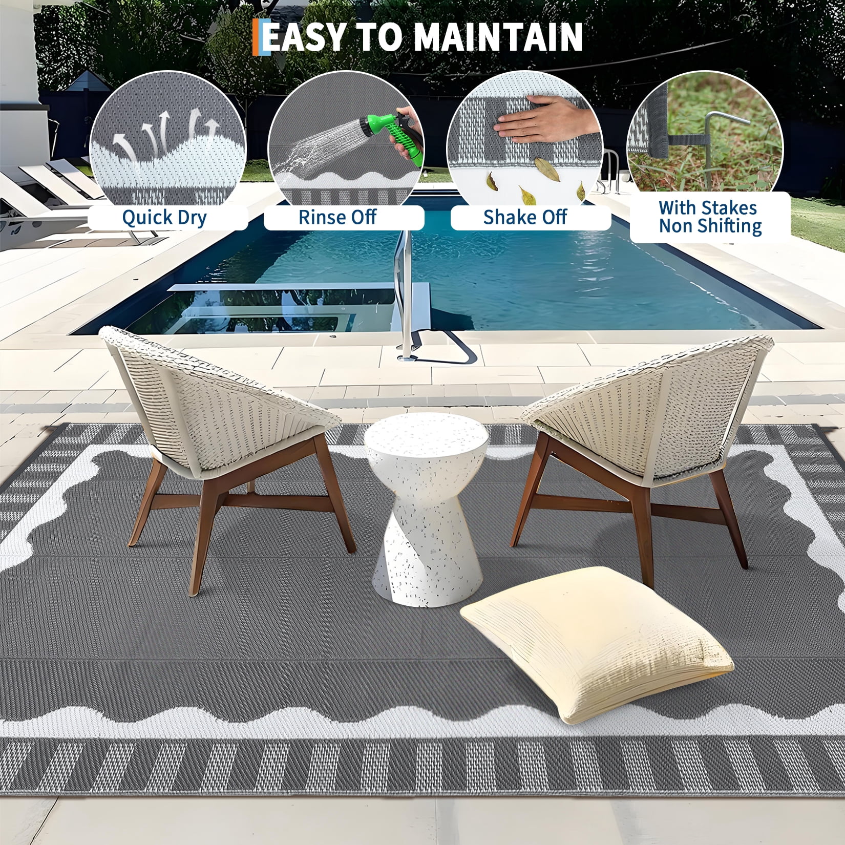 Hasoo 9' x 12' Gray/White Outdoor Rug for Patio Decor Waterproof Plastic Straw Modern Geometric Scalloped Bordered Pattern Carpet PP Tube Woven Portable Camping Mat for Picnic Balcony
