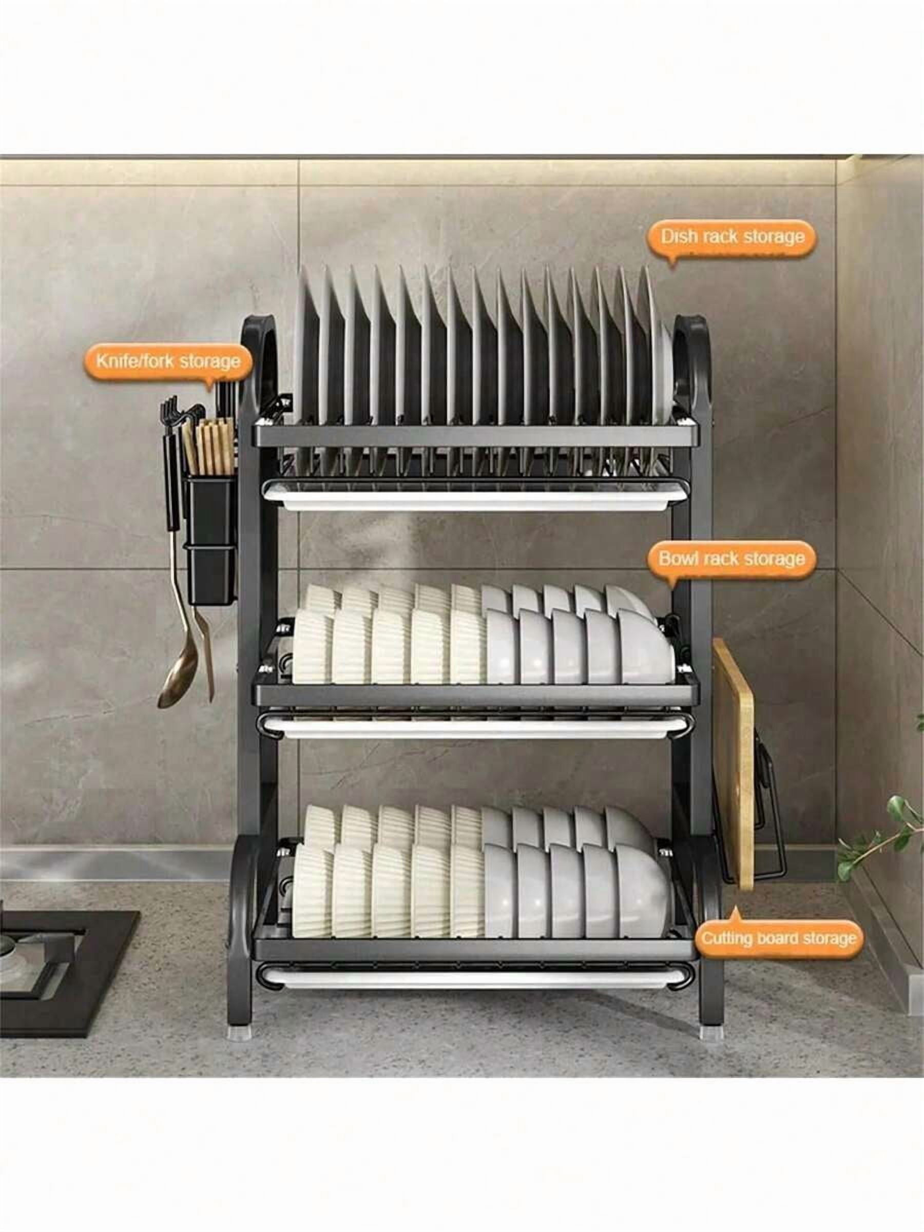 3-Layer Kitchen Dish Drying Rack in Black with Drain Board for Home Essentials