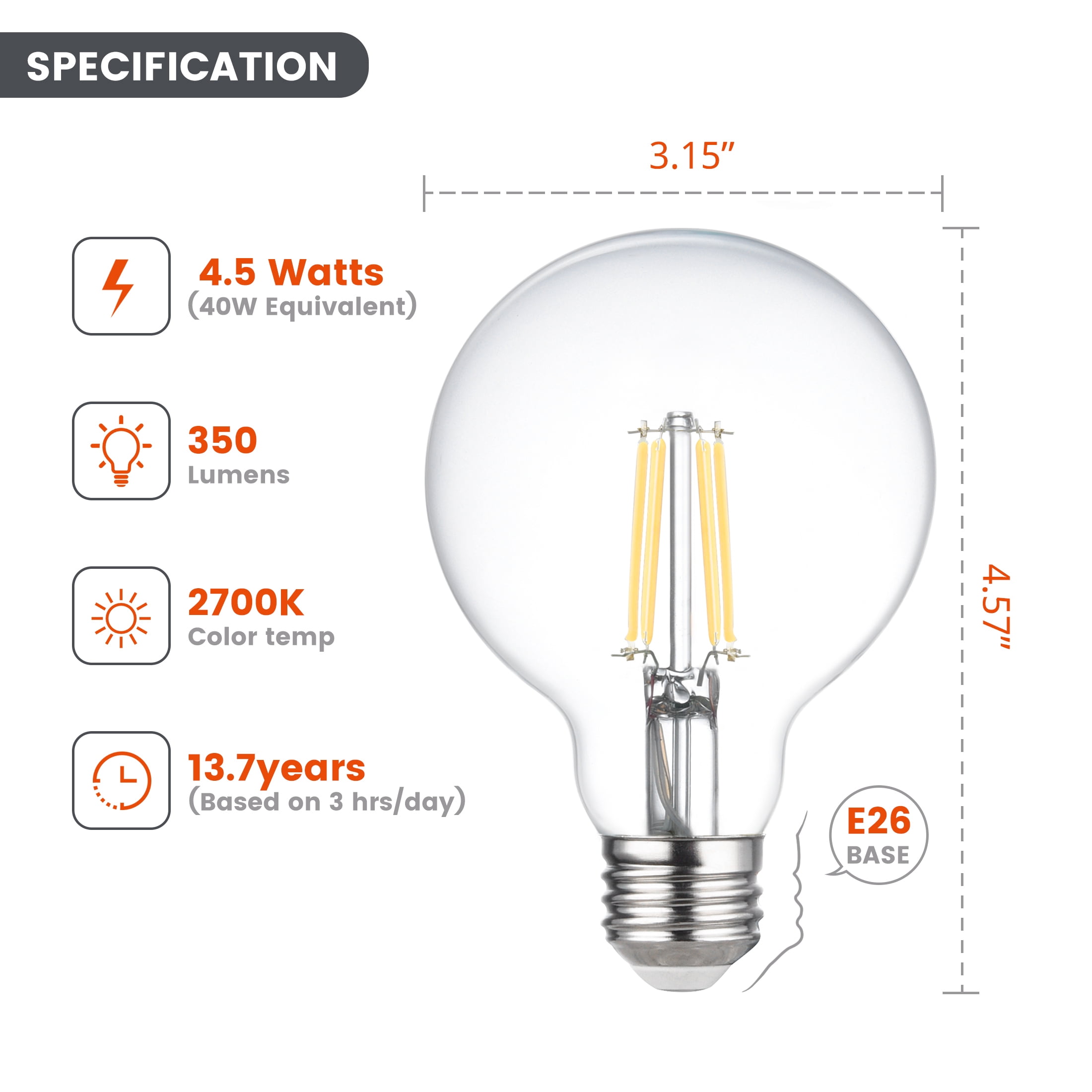 BHG LED Bulb, 4.5-Watt (40W Equivalent) G25 Vintage Style, E26 Base, Dimmable, Soft White, 2-Pack