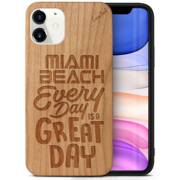 Case Yard Wooden Case Outside Soft TPU Silicone Slim Fit Shockproof Wood Phone Cover for Girls Boys Men and Women Supports Wireless Charging Miami Beach Great Day Design case for iPhone-12-Mini