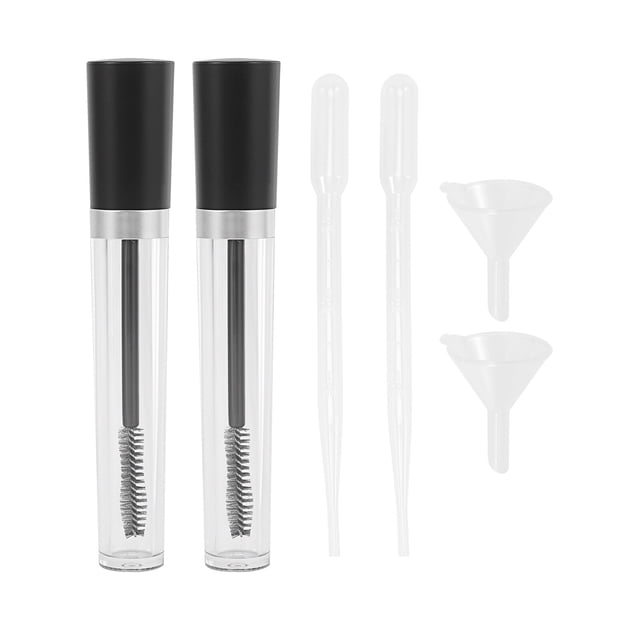 2 Sets Empty Mascara Tube and Wand with Funnels Dropper for DIY Mascara Container. Includes two transparent, refillable mascara tubes with black caps, two droppers, and two small funnels. Ideal for DIY makeup projects, travel, or daily use.