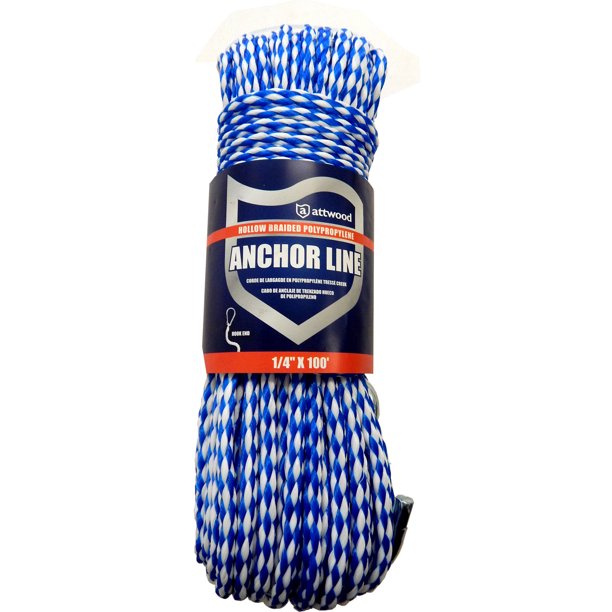 Attwood 1/4" x 100' Hollow Braid Polypropylene Anchor Line, Blue/White