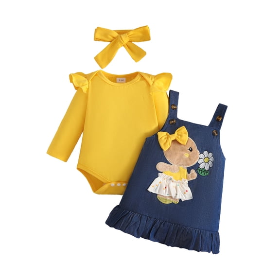 ZHOGXU Baby Girls Cartoon Printed Outfit Long Sleeve Top Suspender Skirts Matching Bow Headband 3PCS Set For Kids,Yellow,3-6 Months