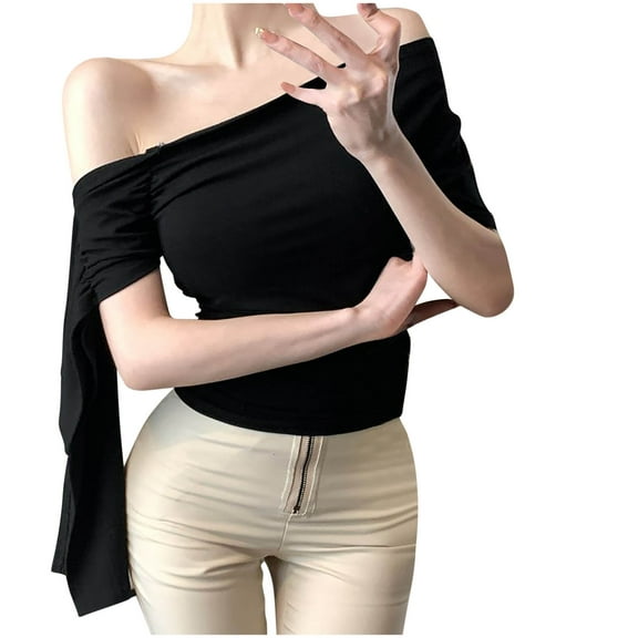 Kaemgyyd Womens off the Shoulder Tops Summer Stylish Short Sleeve Slim Fit Shirts Solid Ruched Cropped Top Going out Clothing