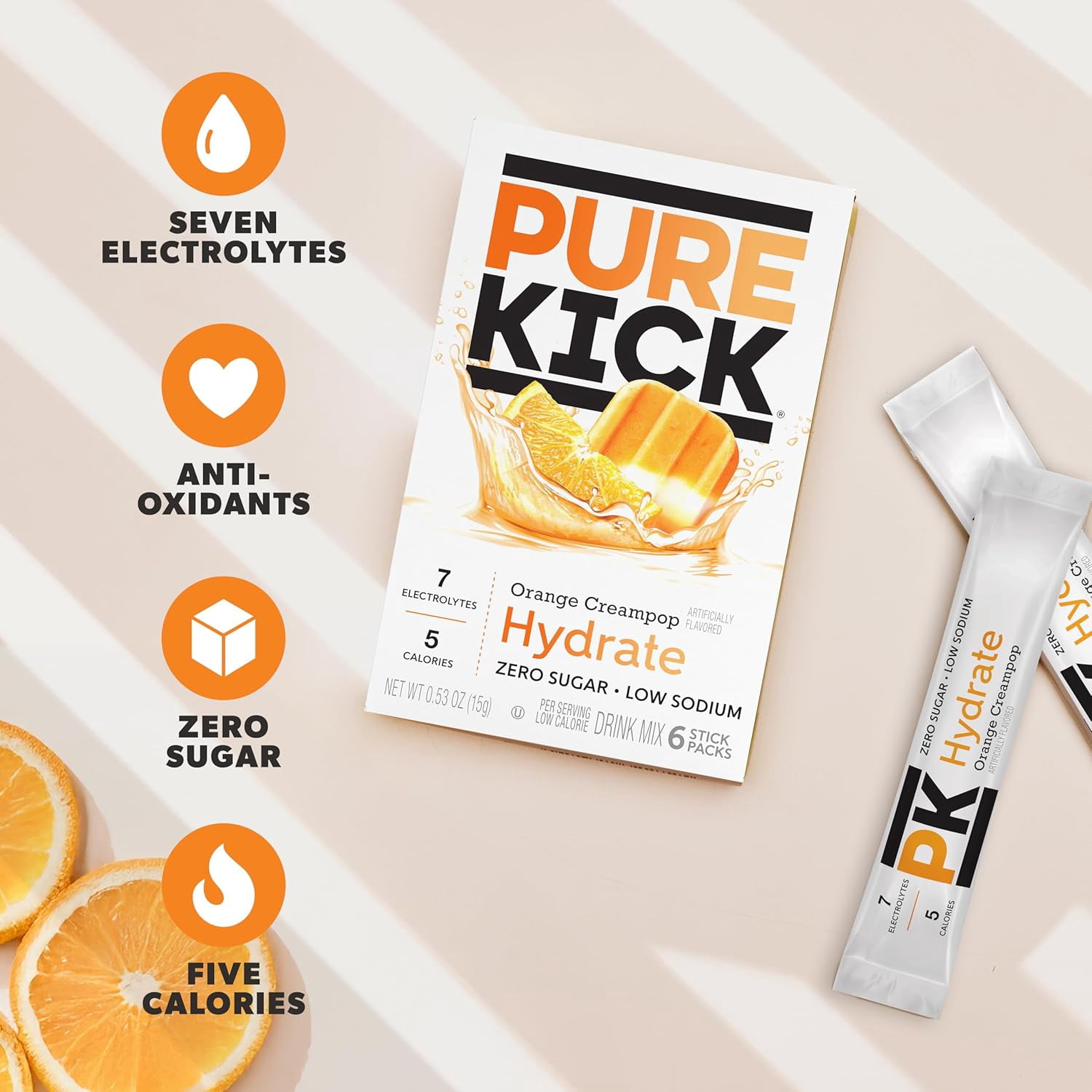 (6 pack) Pure Kick Orange Creampop, Hydration Electrolyte Powdered Drink Mix, 6 Count Packets