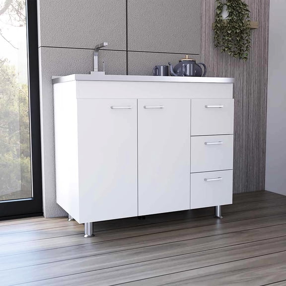 White Bedroom Cabinet: Three Drawers And Double Door - Modern Design, Shelves Base Cabinet For In 3 Drawers, Door, Shelf