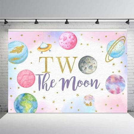Image of MEHOFOND 7x5ft Outer Space Two The Moon Backdrop Girl Happy 2nd Birthday Pink Gold Party Supplies Galaxy Planets Stars