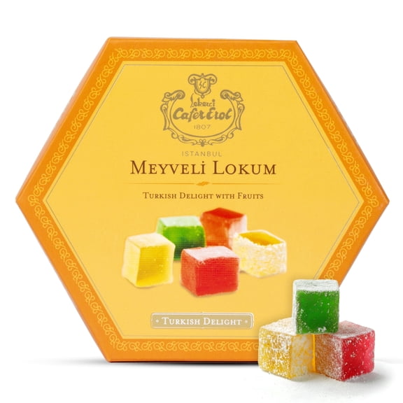 Sekerci Cafer Erol Assorted Fruit Turkish Delight, 14.1 oz (400g) - Authentic Halawiyat Fawakeh Mshakkal, Gourmet Gift for Eid & Holidays, Handcrafted Artisan Loukoumi Candy from Istanbul