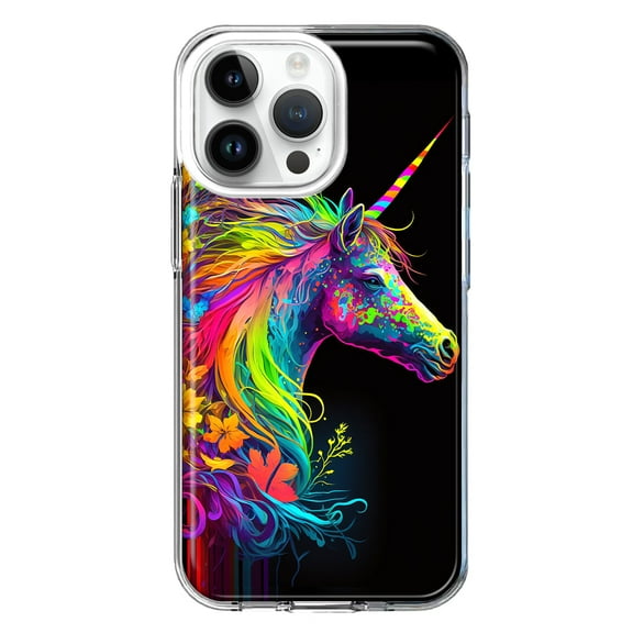 MUNDAZE Case for Apple iPhone 15 Pro Max Slim Hard Shell Soft TPU Hybrid Shockproof Heavy Duty Protective Phone Cover - Neon Rainbow Glow Unicorn Floral