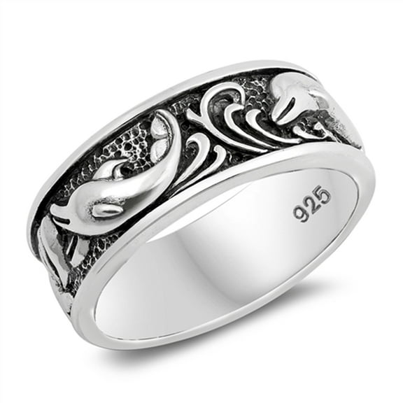 Oxidized Dolphin Wave Playing Animal Ring .925 Sterling Silver Band Jewelry Female Male Size 8