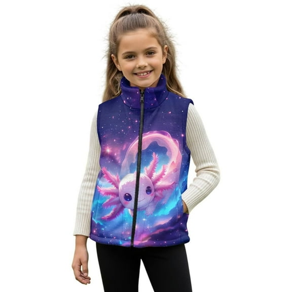 Pzuqiu Axolotl Girls Sleeveless Vests Size 2 Polyester Personalized Winter Lightweight Sleeveless Fleece Jacket with Pocket Wind Proof Practical Fall Winter Clothes for Girls