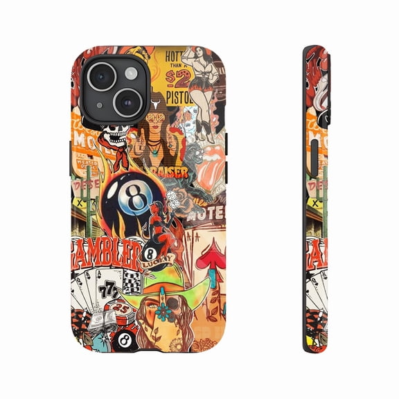 Vintage Rocker Phone Case for Teens & Young Adults – Unique Retro Design with Skull, Poker & Flame Motifs, Durable & Stylish, Compatible with iPhone 11/12/13/14/15/16 (Pro Max/Plus)