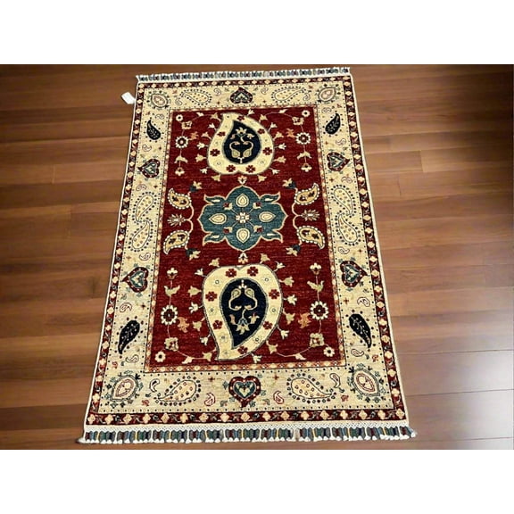 4X6 Suzani Red/Beige Handmade Wool Rug # 11302