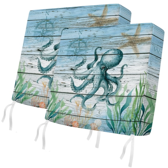 Outdoor Patio Cushion Covers 2 Pack Octopus Chair Pads Slipcovers with Ties & Zipper Waterproof Marine Life Compass Starfish Blue Wood Seat Cushion Covers for Outdoor Couch Sofa 20x18 Inch