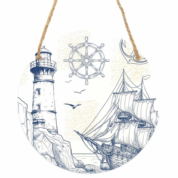 Nautical Ship Lighthouse Round Front Door Welcome Sign, 5.9 Inch Wall Hanging Decor for Indoor Outdoor, Ocean Anchor Rudder Lines Art Home Porch Hanger Decorations for Holiday Gift
