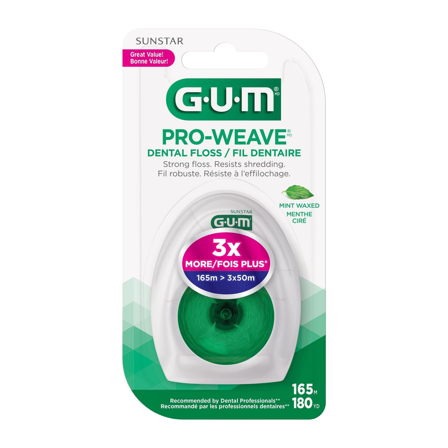GUM® PRO-Weave® Waxed Dental String Floss, Mint, 165M