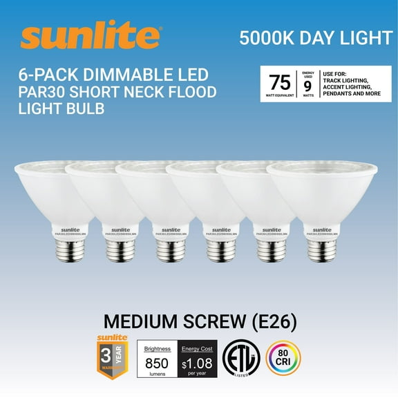 Sunlite LED PAR30 Short Neck Flood Light Bulb, 9 Watts, (75W Equivalent), 850 Lumens, Medium Screw (E26) Base, Dimmable, ETL Listed, 5000K Daylight, 6 Count