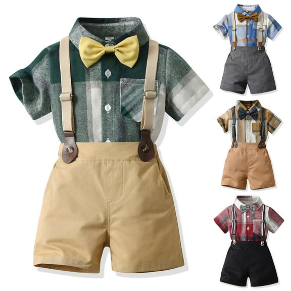 RTKFRFLM Boys Gentleman Clothing Set, Plaid Shirt with Bowtie and Suspender Shorts 3-Piece Outfit