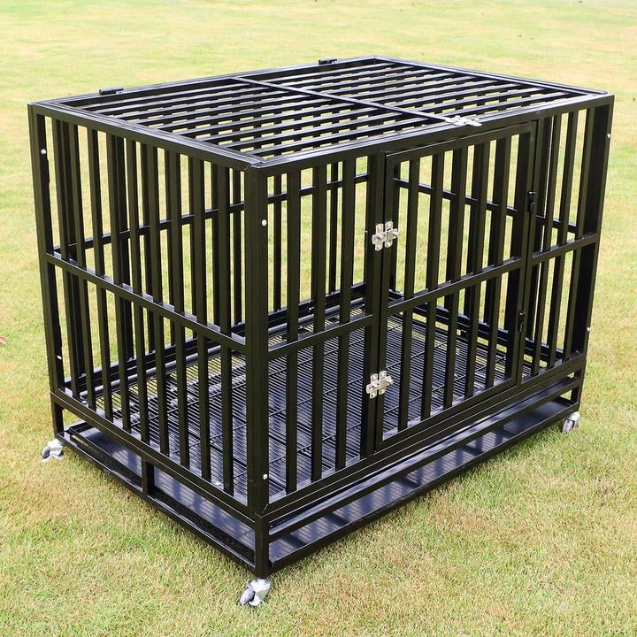 48'' Heavy Duty Metal Crate Dog Cage Square Tube Kennel Playpen w/ Wheels Tray