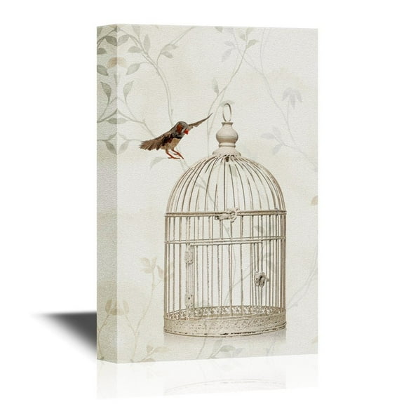 wall26 - Canvas Wall Art - Bird Flying Above a Bird Cage on Floral Pattern Background - Gallery Wrap Modern Home Art | Ready to Hang - 32x48 inches