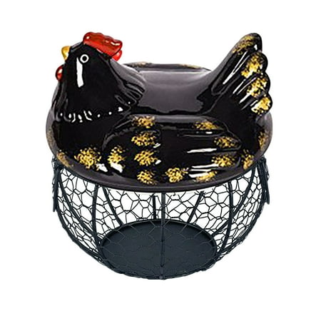 SouMaox Ceramic Hen Egg Basket Vintage Iron Wire Poultry Container Farmhouse Storage Bin Kitchen Organization for Rustic Home Dining Decor