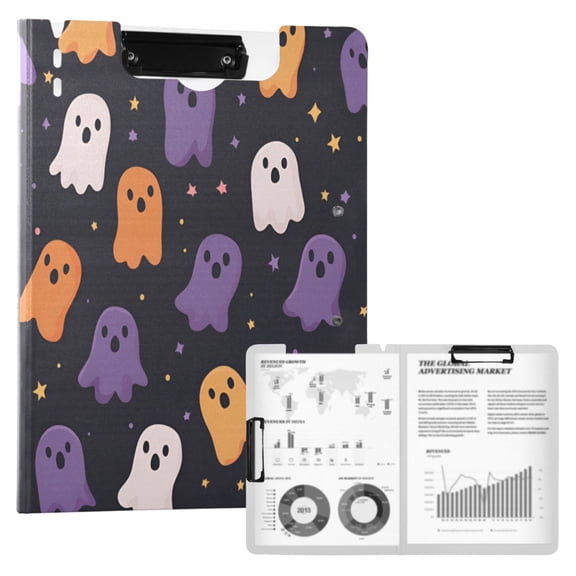 FORMRS A4 Clipboard Folder with Pen Holder Horizontal Foldable School Office Binder, Orange Halloween Ghosts