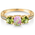 thumbnail image 3 of Gem Stone King 1.85 Cttw Oval Cabochon Pink Simulated Opal and Green Peridot Ring for Women | 18K Yellow Gold Plated Silver | Wedding Engagement Anniversary Promise Ring for Women | Size 8, 3 of 6