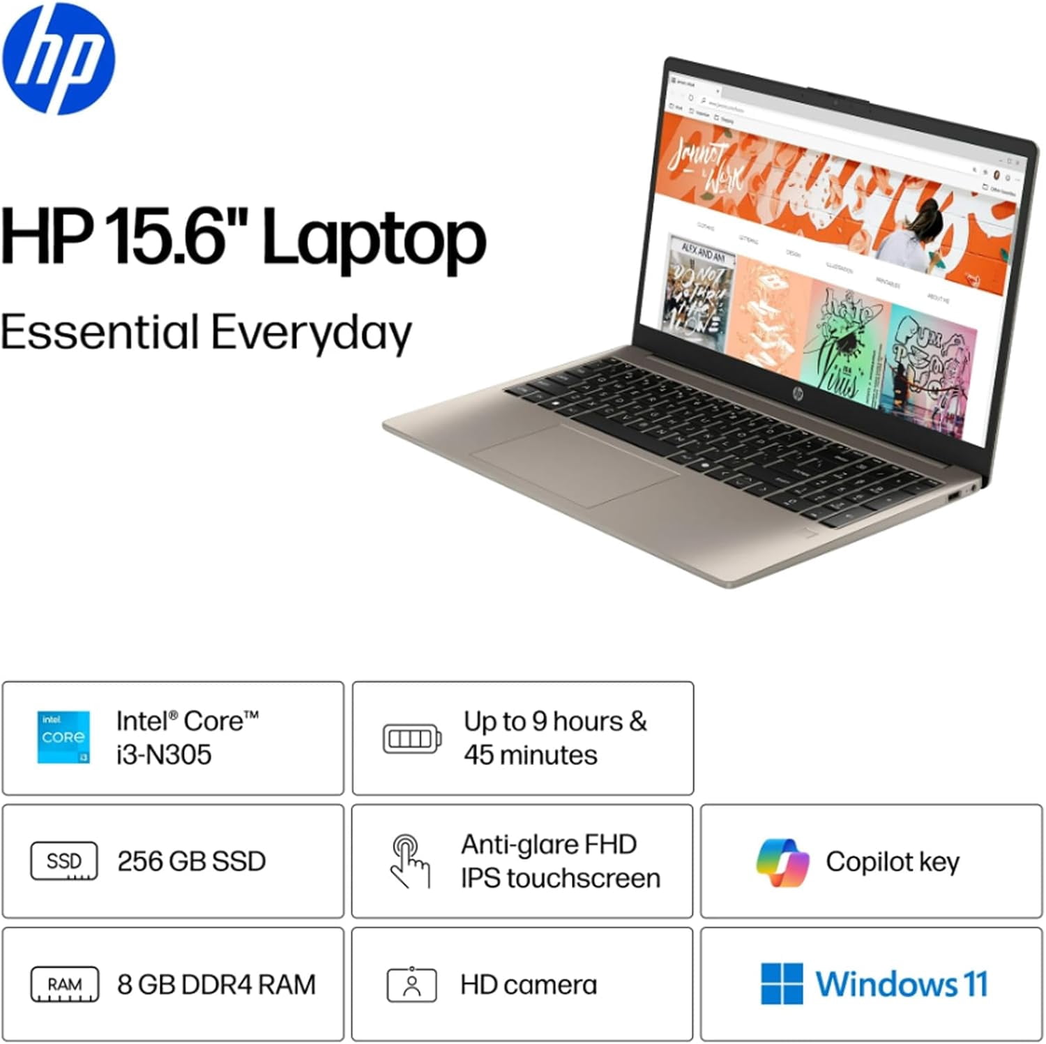 HP 15.6" FHD IPS Touchscreen Business Laptop Computer, Intel 8-Core i3-N305, 8GB DDR4 RAM 256GB SSD, Copilot AI, Fingerprint, Long Battery Life, Windows 11 Home