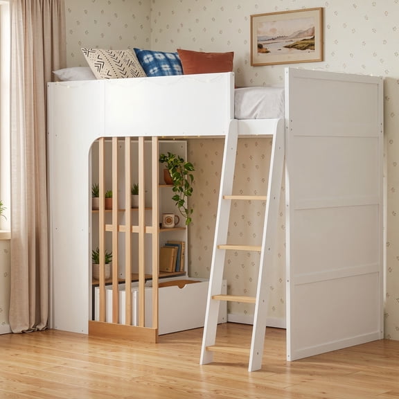 Twin Size Kids Loft Bed with Shelves, Wooden High Profile Teens Storage Bed Frame with Ladder and Removable Large Drawer