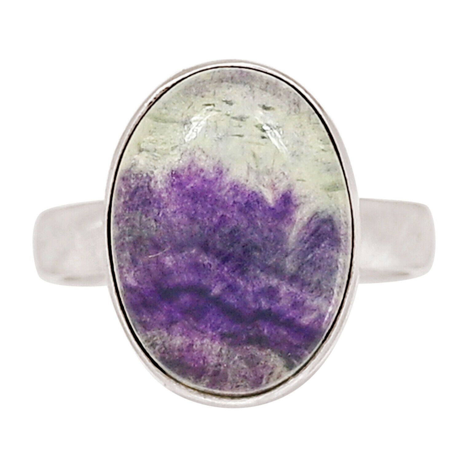 it is 12x25 mm  the ring is size 11 and 8 grams Beautiful Rainbow Flourite  Ring Sterling Silver 0.925