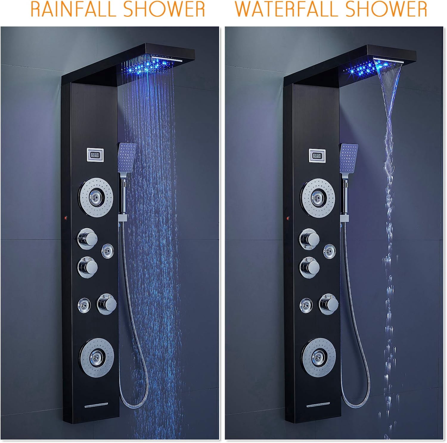 Zovajonia LED Shower Panel Tower System, Multi-Functions Shower Tower, Waterfall Showerhead, Shower Jets, Stainless Steel Rain Shower System Oil Rubbed Bronze