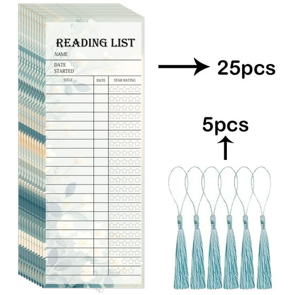 25 Reading List Bookmarks And 5 Tassel Decorations, 3 X 8 Inch Bule Watercolour Book Tracker Bookmarks, Personal Library Card