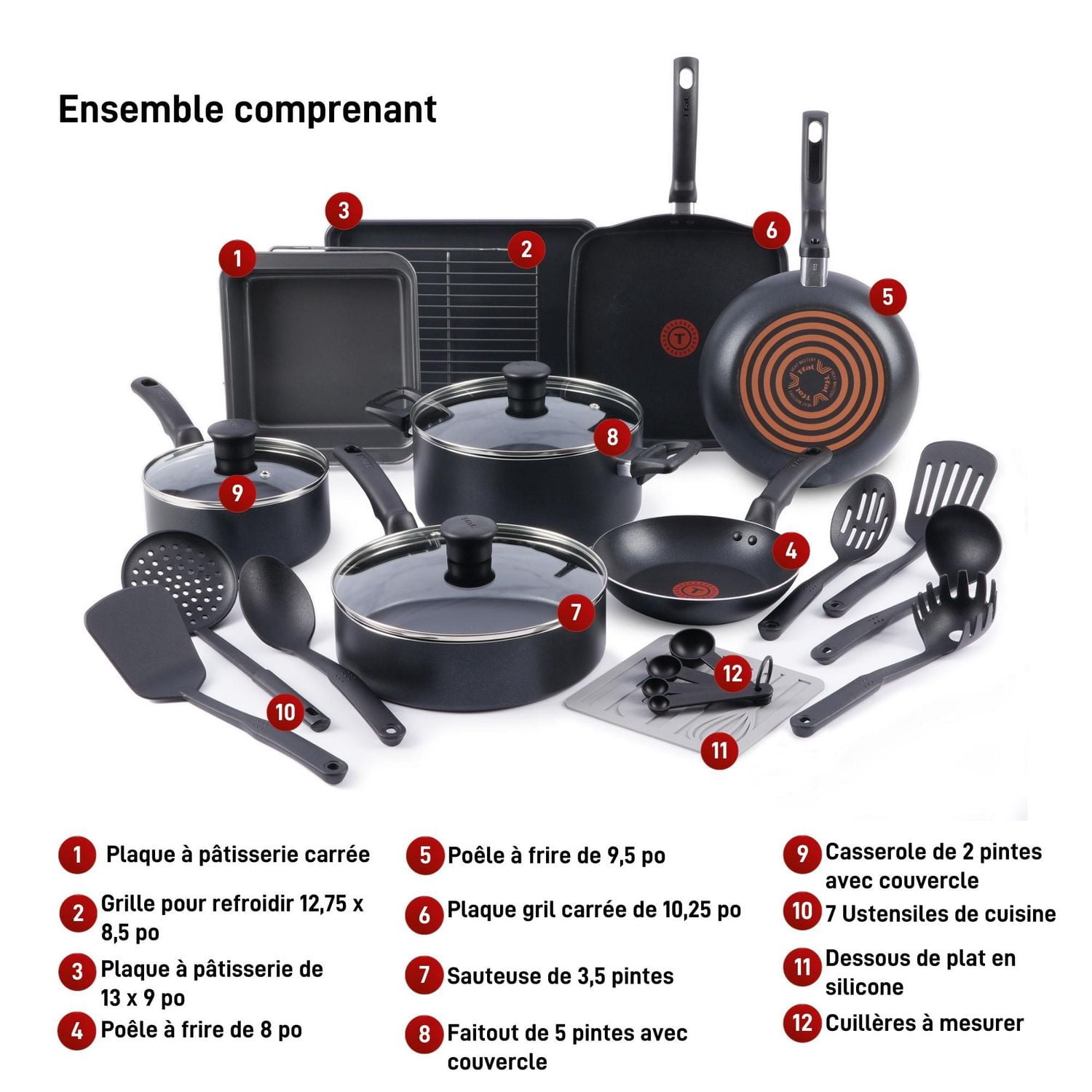 T-fal Kitchen Solutions, 21 Piece Recycled Aluminum Non-Stick Cookware Set
