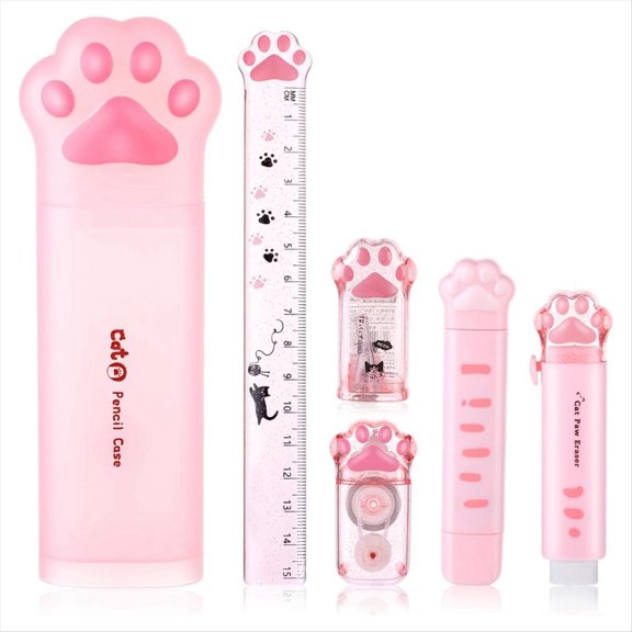 Cute Cat Stationery Set, 6 Pcs Kawaii Stationary Kit Pencil Sharpener Retractable Eraser Correction Tape Ruler