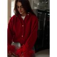 thumbnail image 5 of Cárdigan de punto de manga larga con plumas de retazos rojos para mujer, suéter grueso ajustado con cuello redondo, trajes elegantes para viaje, 5 of 5