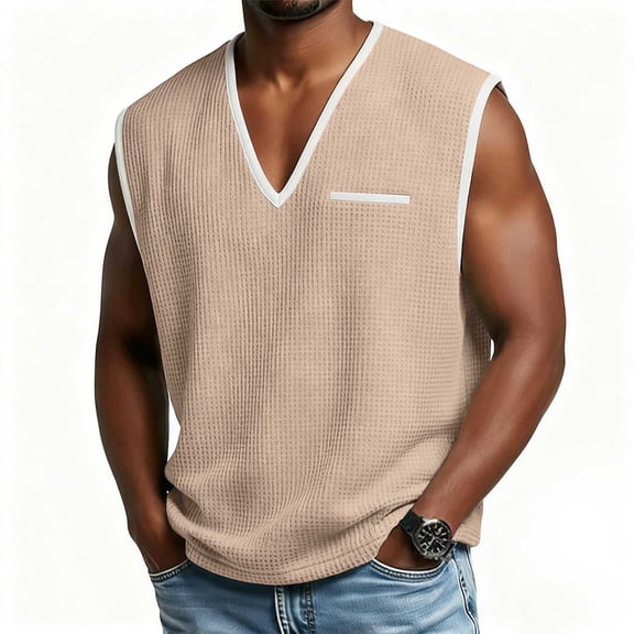 Horkkom Tank Tops Men V Neck Color Block Sleeveless Shirts Summer Gym Pullover Casual Shirts with Pockets, S-2XL