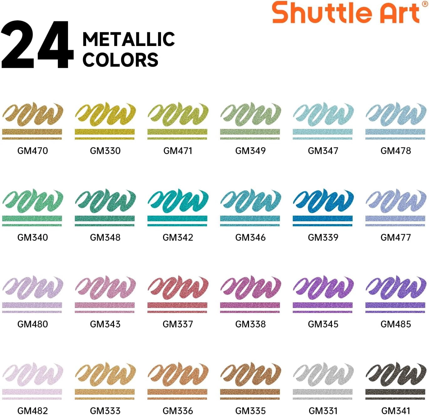 Shuttle Art Automatic Ink Control Acrylic Paint Markers, 24 Metallic Colors Brush Tip Acrylic Paint Pens for Rock Painting, Ceramic, Wood, Canvas, Glass, Stone, Fabric, Card Making